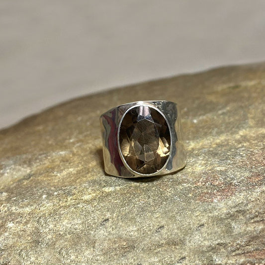 Oval Faceted Smoky Quartz Sterling Silver Hammered Band Ring- Size 9