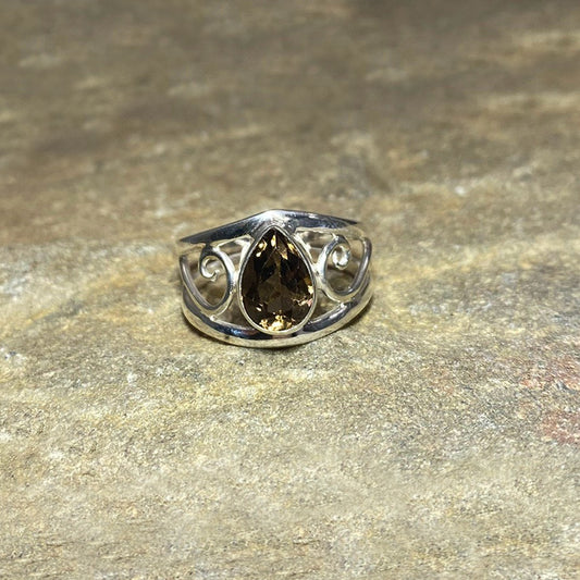 Swirling Sterling Silver Faceted Teardrop Smoky Quartz Ring- Size 8.5