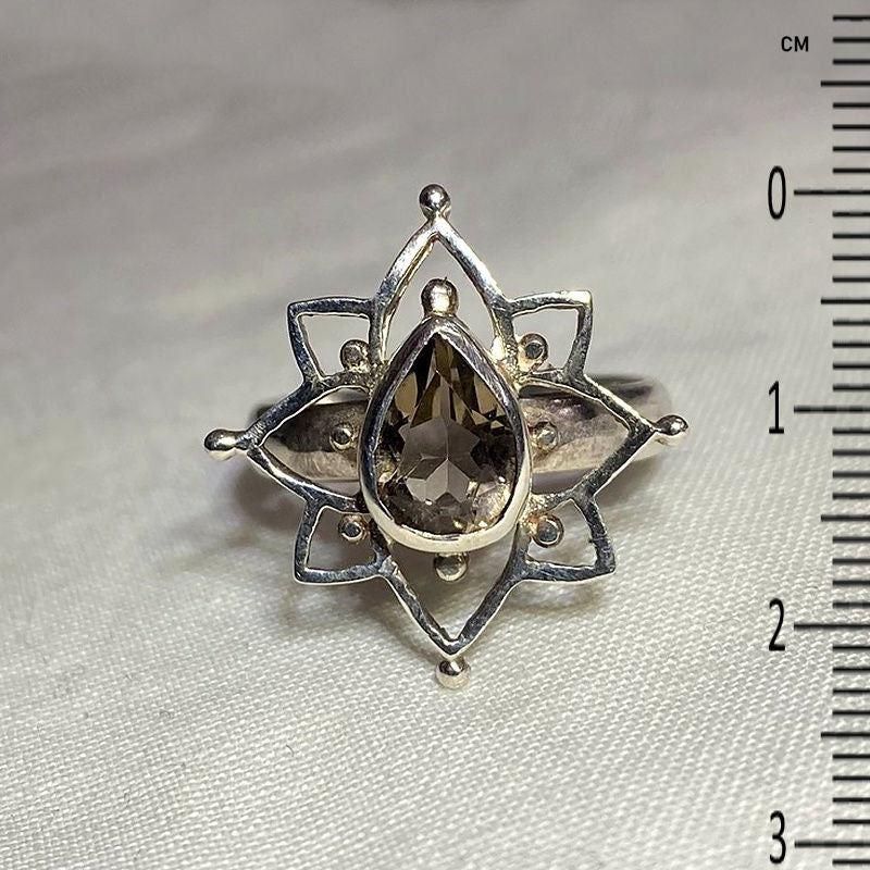 Faceted Teardrop Smokey Quartz Ornate Sterling Silver Ring- Size 8