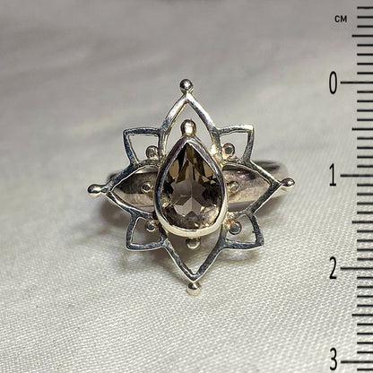 Faceted Teardrop Smokey Quartz Ornate Sterling Silver Ring- Size 8