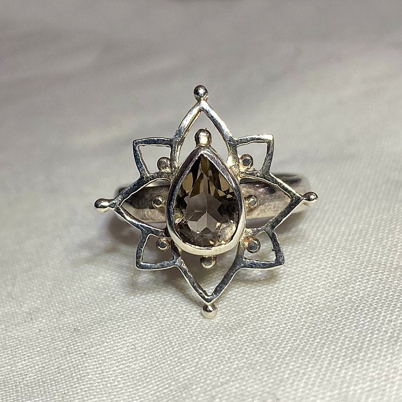 Faceted Teardrop Smokey Quartz Ornate Sterling Silver Ring- Size 8