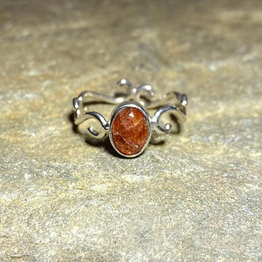 Swirling Sterling Silver Oval Sunstone Ring- Size 7.5