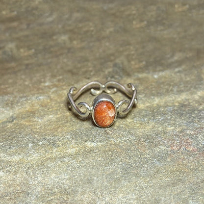 Swirling Sterling Silver Oval Sunstone Ring- Size 8.5