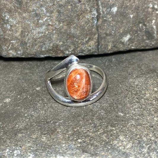 Offset Sterling Silver Oval Sunstone Ring- Size 10