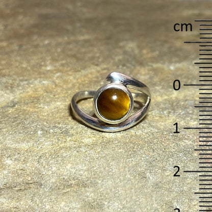 Sterling Silver Offset Round Tiger Eye Ring- Size 8