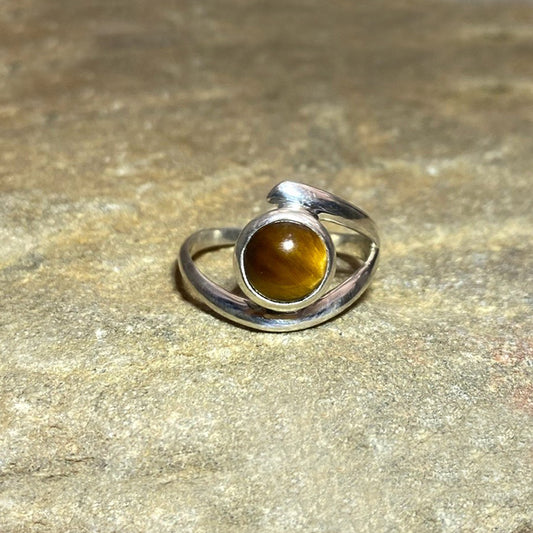 Sterling Silver Offset Round Tiger Eye Ring- Size 8