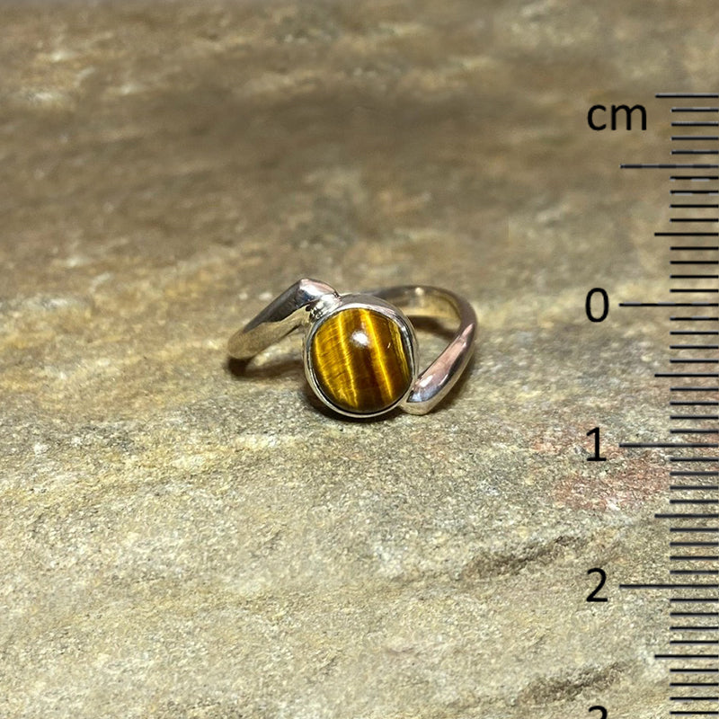 Sterling Silver Offset Round Tiger Eye Ring- Size 7.5