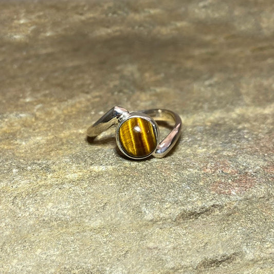 Sterling Silver Offset Round Tiger Eye Ring- Size 7.5