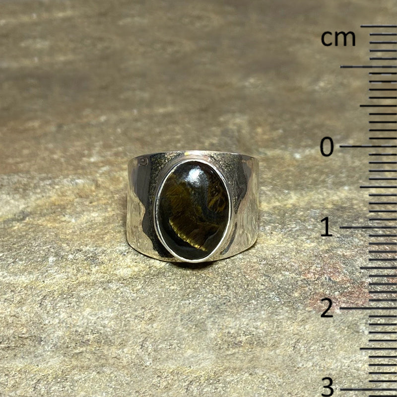 Oval Marra Mamba Tigers Eye Hammered Sterling Silver Ring- Size 7
