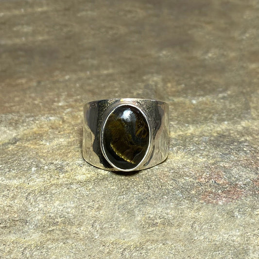 Oval Marra Mamba Tigers Eye Hammered Sterling Silver Ring- Size 7