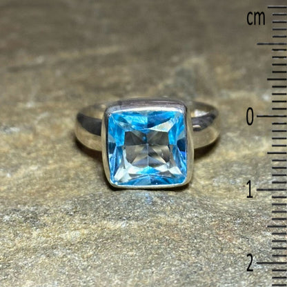 Square Faceted Blue Topaz Ring- Size 9