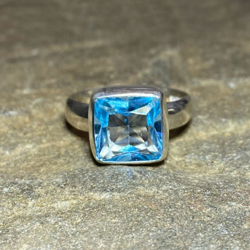Square Faceted Blue Topaz Ring- Size 9