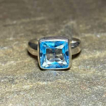 Square Faceted Blue Topaz Ring- Size 9