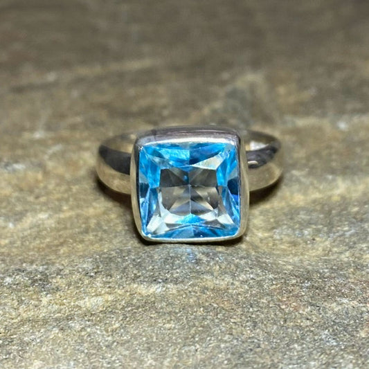 Square Faceted Blue Topaz Ring- Size 9