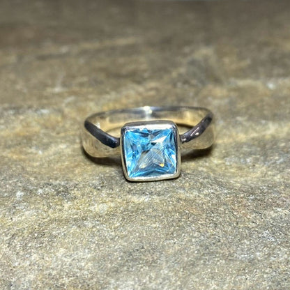 Square Faceted Blue Topaz Ring- Size 8