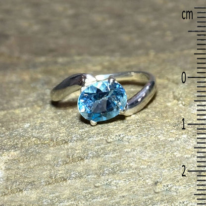 Faceted Oval Blue Topaz Offset Sterling Silver Ring- Size 9