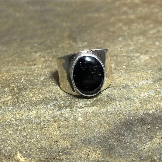 Oval Black Tourmaline Hammered Sterling Silver Band Ring- Size 7.5