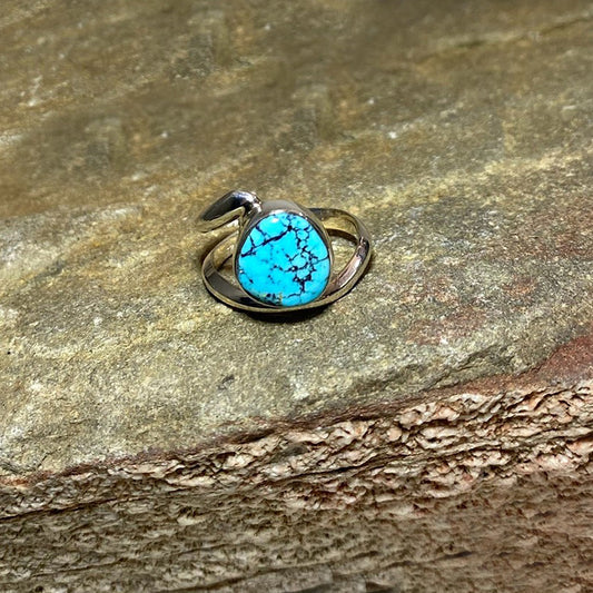 Offset Sterling Silver Round Turquoise Ring- Size 8