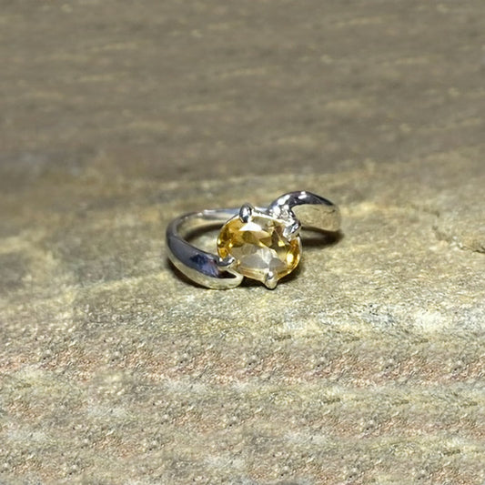 Faceted Oval Citrine Offset Sterling Silver Ring- Size 8