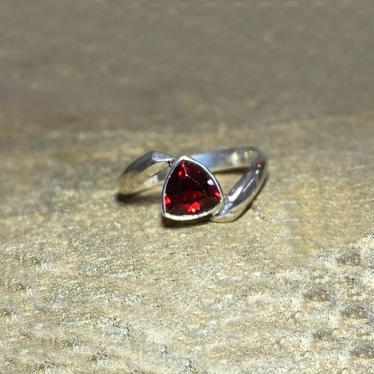 Faceted Triangle Garnet Offset Sterling Silver Ring- Size 7.5