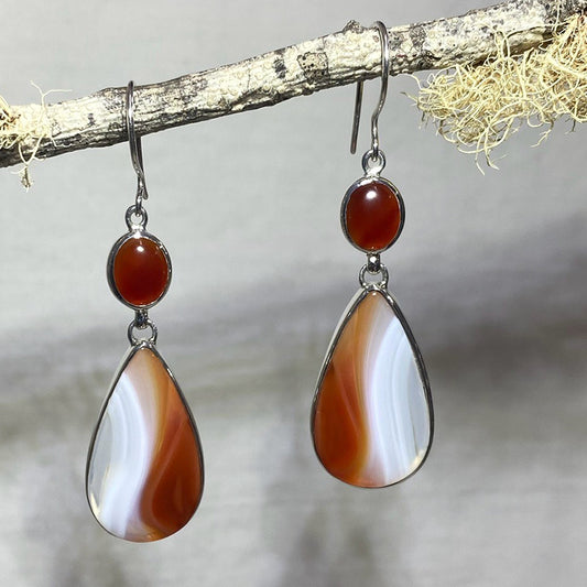 Oval Carnelian & Teardrop Banded Carnelian Earrings