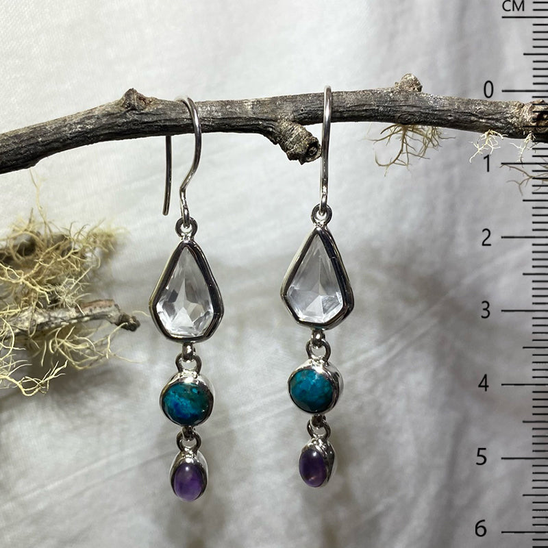 Faceted Himalayan Quartz, Round Chrysocolla & Amethyst Combination Earrings