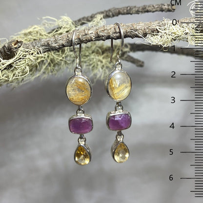 Combination Rutile Quartz, Sapphire and Citrine Earrings