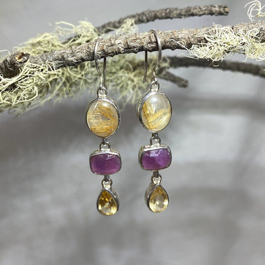 Combination Rutile Quartz, Sapphire and Citrine Earrings