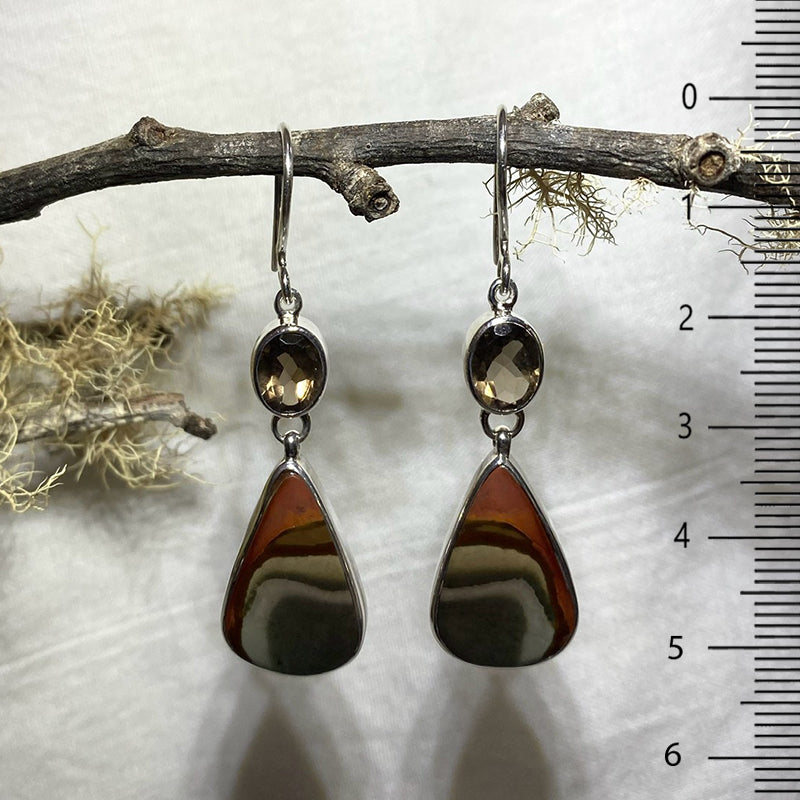 Combination Round Faceted Smokey Quartz & Teardrop Polychrome Jasper Earrings