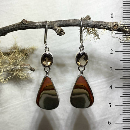 Combination Round Faceted Smokey Quartz & Teardrop Polychrome Jasper Earrings