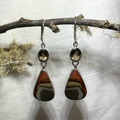 Combination Round Faceted Smokey Quartz & Teardrop Polychrome Jasper Earrings