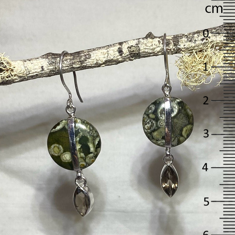 Round Rainforest Rhyolite & Leaf Faceted Smoky Quartz Earrings