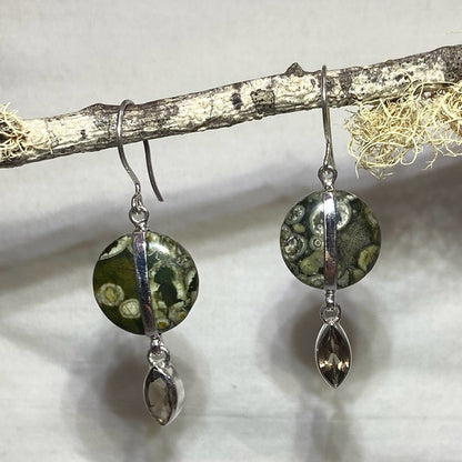 Round Rainforest Rhyolite & Leaf Faceted Smoky Quartz Earrings