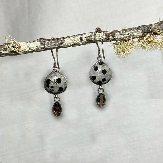 Dalmatian Jasper & Faceted Smokey Quartz Earrings