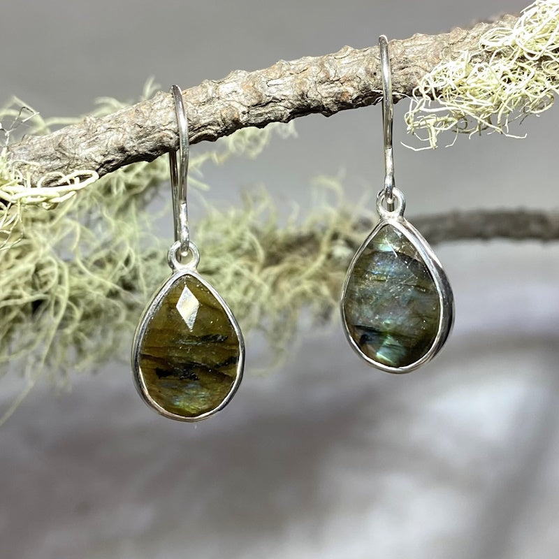 Teardrop Faceted Green & Blue Flash Labradorite Earrings