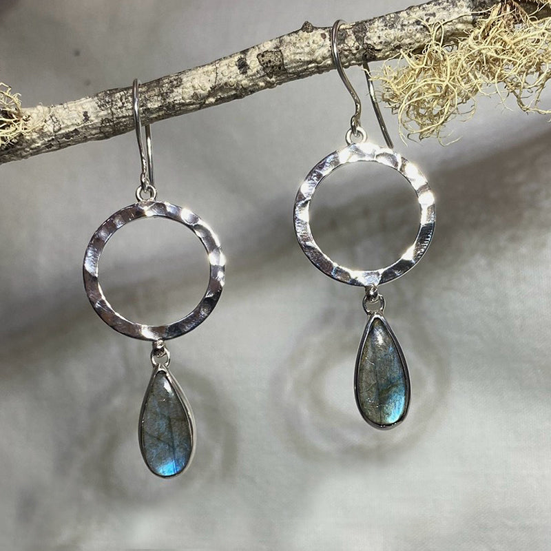 Ornate Sterling Silver Teardrop Labradorite Earrings