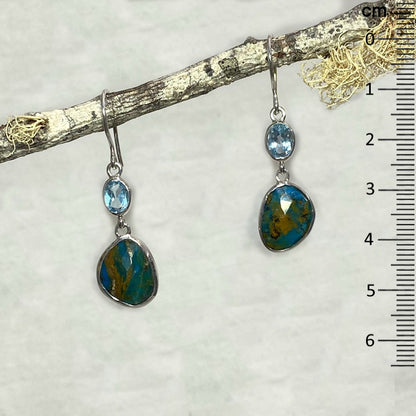 Faceted Oval Blue Topaz & Faceted Freeform Peruvian Blue Opal Earrings
