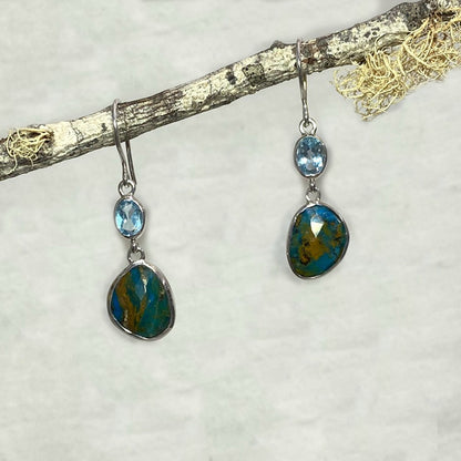Faceted Oval Blue Topaz & Faceted Freeform Peruvian Blue Opal Earrings