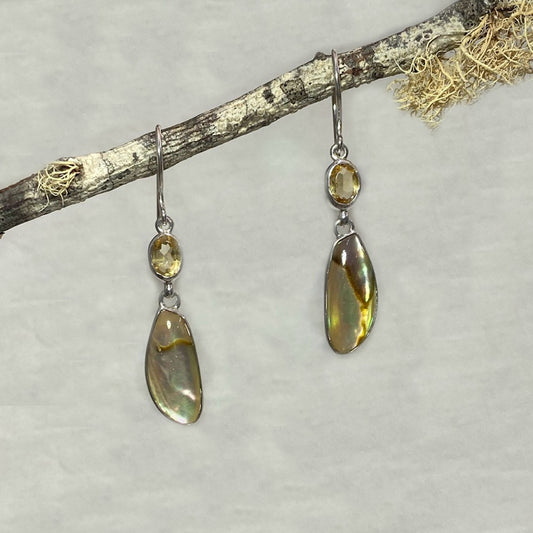 Faceted Oval Citrine & Freeform Paua Shell Earrings
