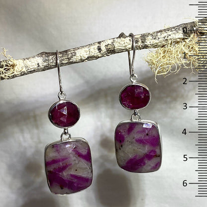 Oval Faceted Ruby & Square Faceted Ruby in Quartz Earrings