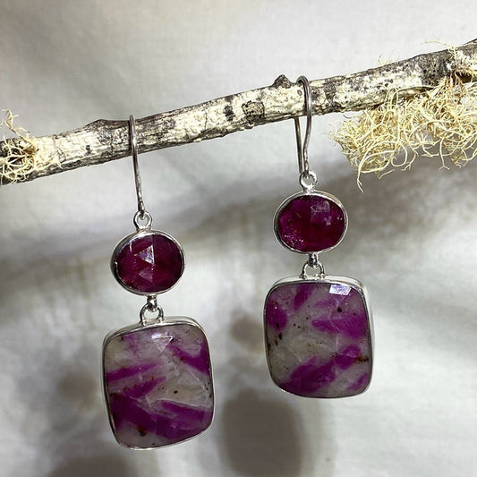 Oval Faceted Ruby & Square Faceted Ruby in Quartz Earrings