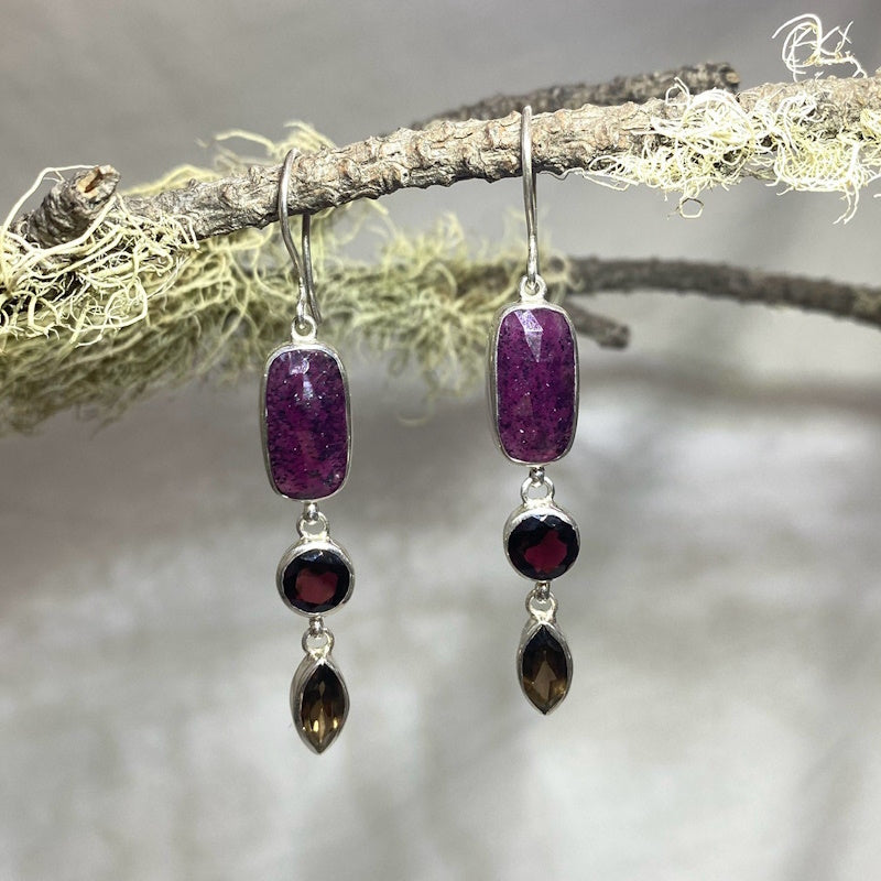 Combination Garnet, Smoky and Sapphire Earrings