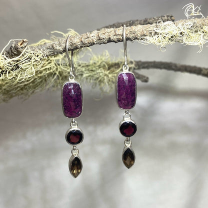 Combination Garnet, Smoky and Sapphire Earrings