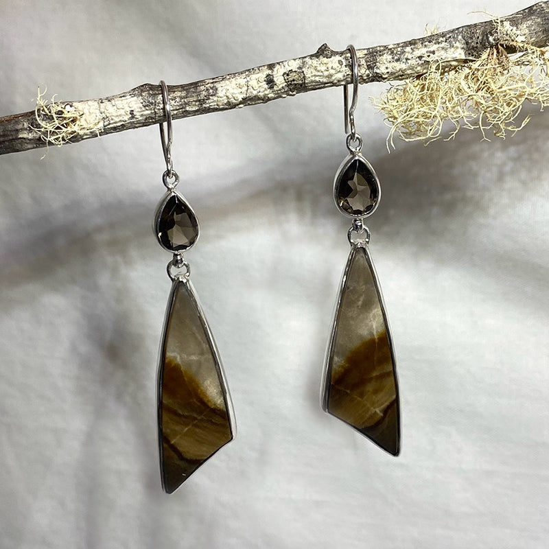 Teardrop Faceted Smoky Quartz & Freeform Jasper Earrings