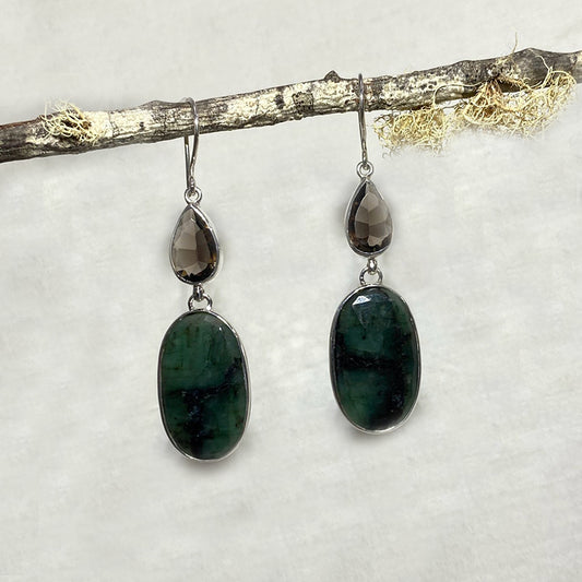 Combination Teardrop Faceted Smoky Quartz & Oval Faceted Emerald Earrings