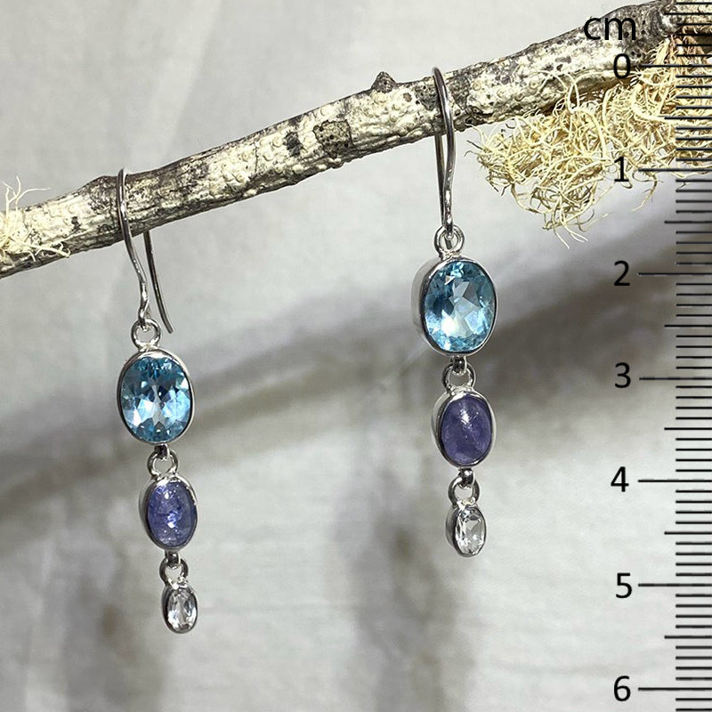 Faceted Oval Blue Topaz, Tanzanite & White Topaz Earrings