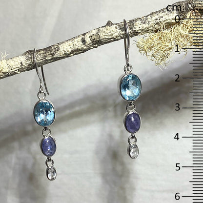 Faceted Oval Blue Topaz, Tanzanite & White Topaz Earrings