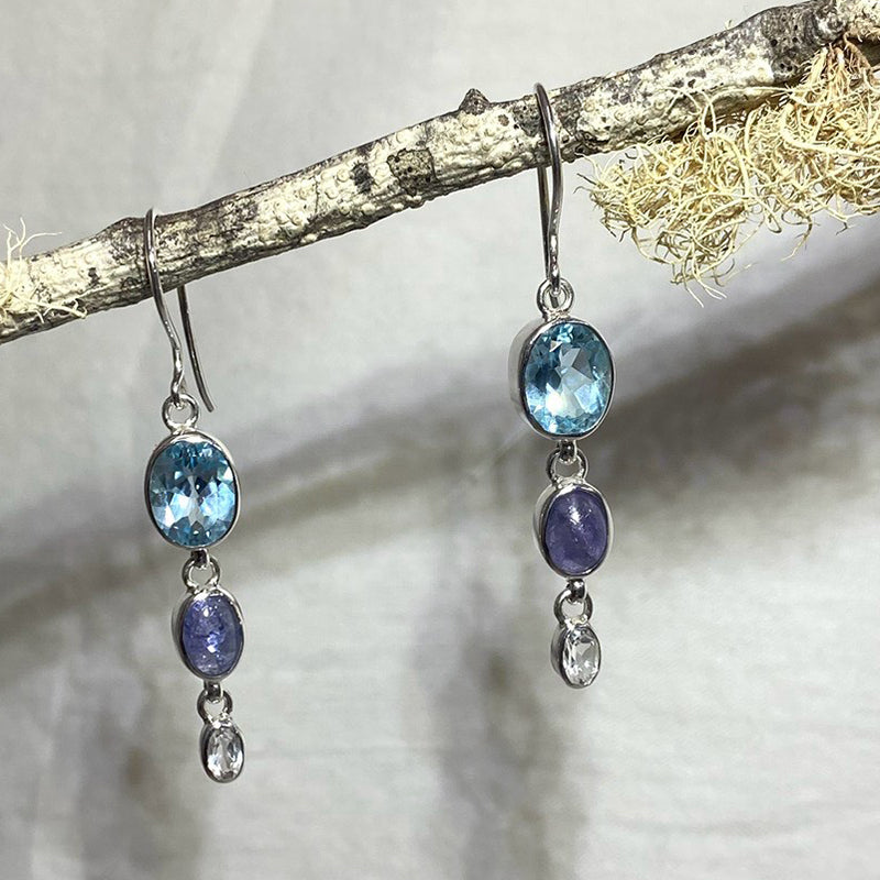 Faceted Oval Blue Topaz, Tanzanite & White Topaz Earrings