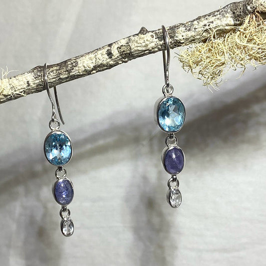 Faceted Oval Blue Topaz, Tanzanite & White Topaz Earrings