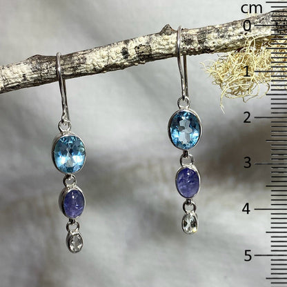 Faceted Oval Blue Topaz, Tanzanite & White Topaz Earrings